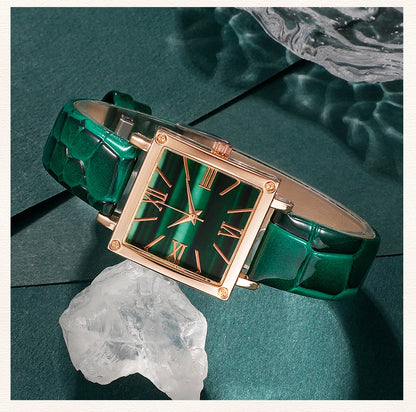 Emerald Luxe Collection: Fine Jewelry Set with Square-Cut Quartz Watch & Gemstone Accents