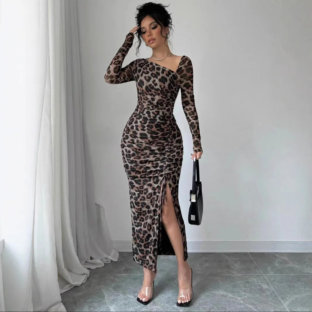 Leopard Print Ruffled Bodycon Party Dress