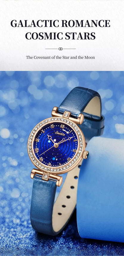 Sunkta Starry Sky Watch: Elegant Blue Crystal-Accented Women's Watch