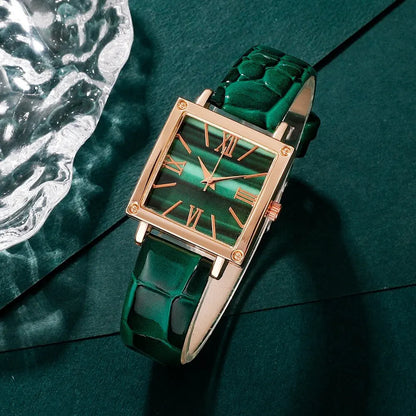 Emerald Luxe Collection: Fine Jewelry Set with Square-Cut Quartz Watch & Gemstone Accents