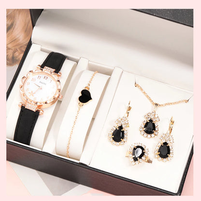 Black Elegance Collection: 6-Piece Jewelry & Watch Set in Gold & Onyx