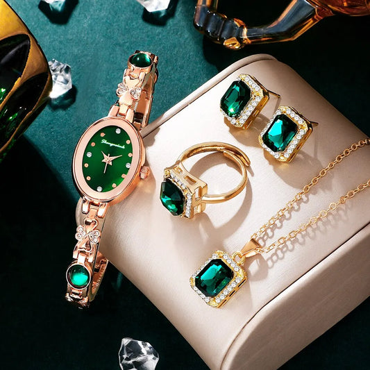 Emerald Radiance Collection 2025: Elegant 5-Piece Jewelry & Watch Set in Luxe Green