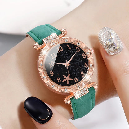 Ladies Green Watch 6PCS/Set Starfish Element Starry Sky Dial Quartz Wristwatch Frosted Strap Watch Jewelry Set Gift For Mom