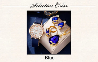 Midnight Sapphire Collection: Blue Leather Watch & Crystal Jewelry Set