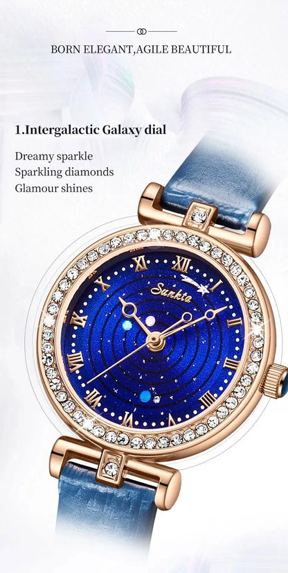 Sunkta Starry Sky Watch: Elegant Blue Crystal-Accented Women's Watch