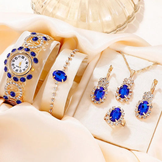 Sapphire Radiance: 6-Piece Jewelry & Watch Set in Royal Blue & Gold