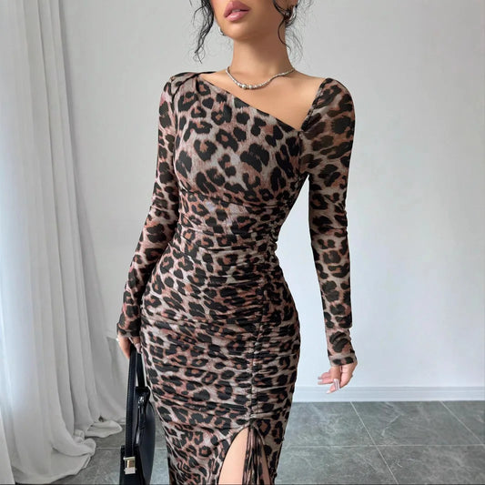 Leopard Print Ruffled Bodycon Party Dress