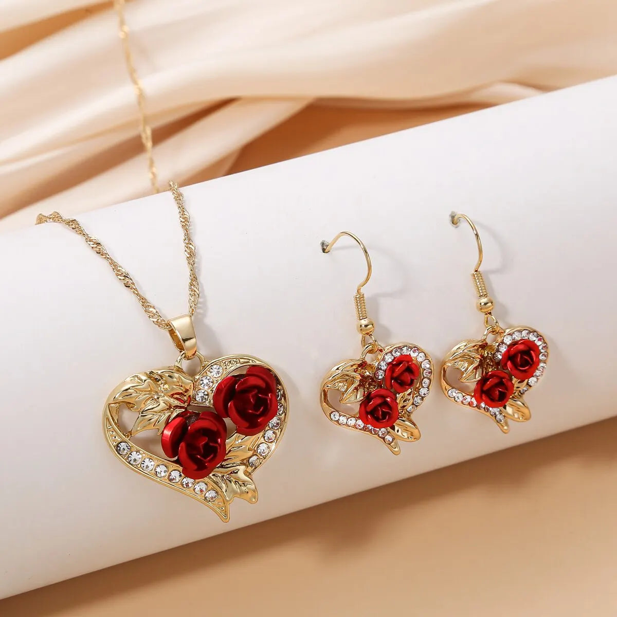 Rose Heart Jewelry Set: Necklace & Earrings with Red Roses and Crystals