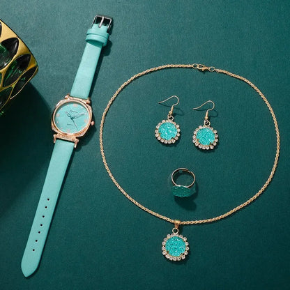 Turquoise Sparkle Collection: 5-Piece Jewelry & Watch Set with Crystal Accents