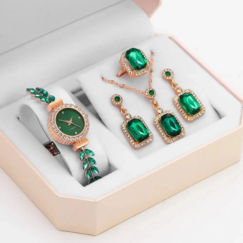 Emerald Grace Watch & Jewelry Set: Timeless Elegance in Every Piece