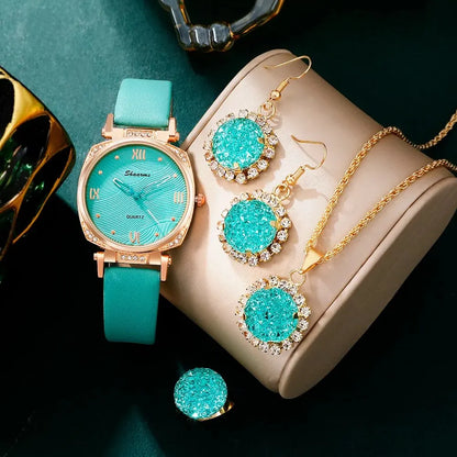 Turquoise Sparkle Collection: 5-Piece Jewelry & Watch Set with Crystal Accents