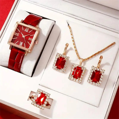 Emerald Luxe Collection: Fine Jewelry Set with Square-Cut Quartz Watch & Gemstone Accents