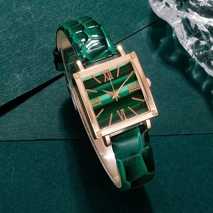 Emerald Luxe Collection: Fine Jewelry Set with Square-Cut Quartz Watch & Gemstone Accents