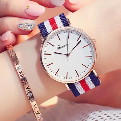 Parisian Stripe Collection: Unisex Quartz Watch with Red-White-Blue Nylon Band