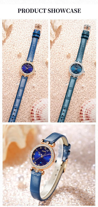 Sunkta Starry Sky Watch: Elegant Blue Crystal-Accented Women's Watch