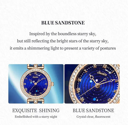 Sunkta Starry Sky Watch: Elegant Blue Crystal-Accented Women's Watch