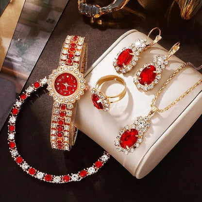 Scarlet Glam Collection: 6-Piece Red Crystal Jewelry & Watch Set