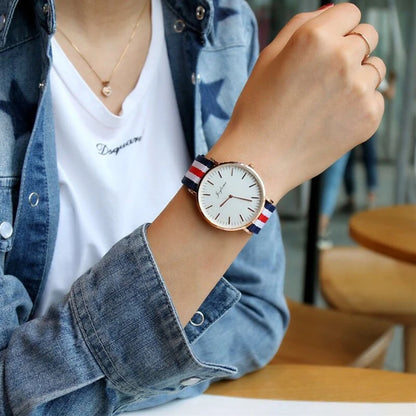 Parisian Stripe Collection: Unisex Quartz Watch with Red-White-Blue Nylon Band