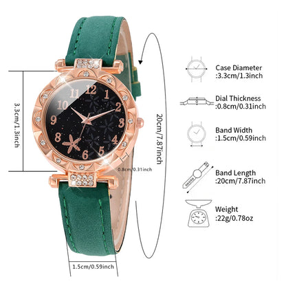 Ladies Green Watch 6PCS/Set Starfish Element Starry Sky Dial Quartz Wristwatch Frosted Strap Watch Jewelry Set Gift For Mom