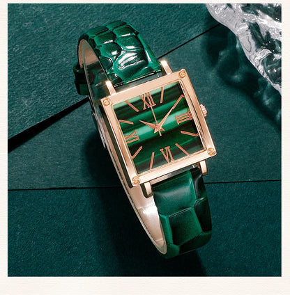 Emerald Luxe Collection: Fine Jewelry Set with Square-Cut Quartz Watch & Gemstone Accents