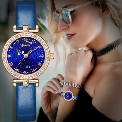 Sunkta Starry Sky Watch: Elegant Blue Crystal-Accented Women's Watch