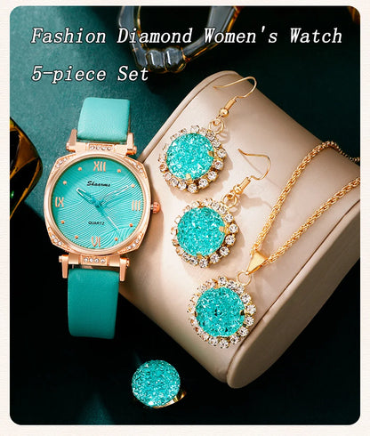 Turquoise Sparkle Collection: 5-Piece Jewelry & Watch Set with Crystal Accents