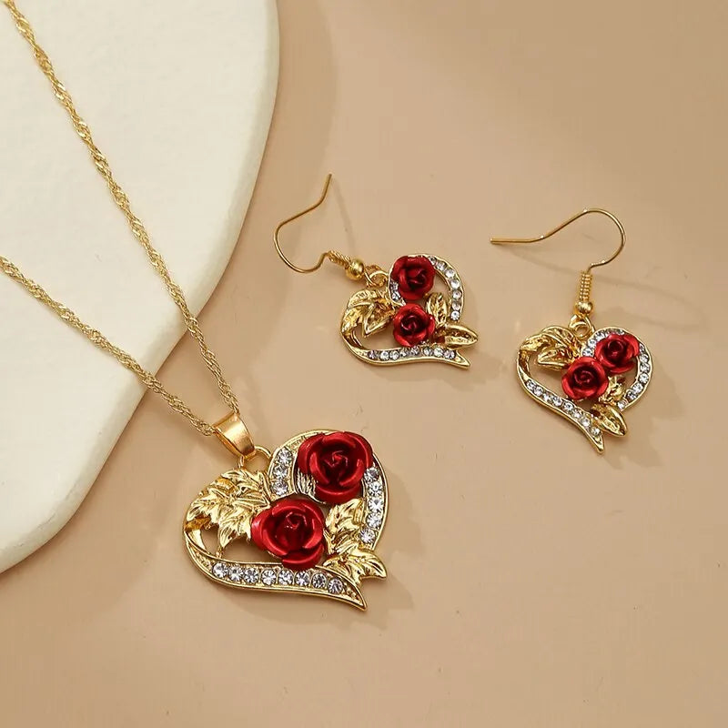 Rose Heart Jewelry Set: Necklace & Earrings with Red Roses and Crystals