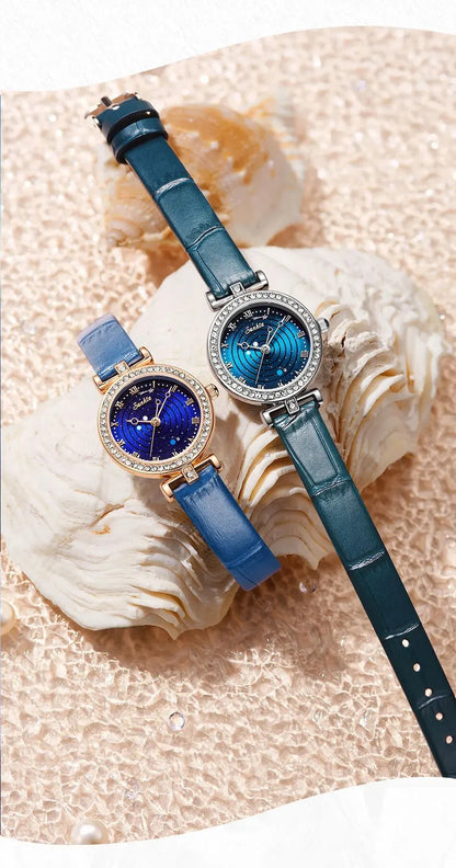 Sunkta Starry Sky Watch: Elegant Blue Crystal-Accented Women's Watch