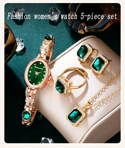 Emerald Radiance Collection 2025: Elegant 5-Piece Jewelry & Watch Set in Luxe Green