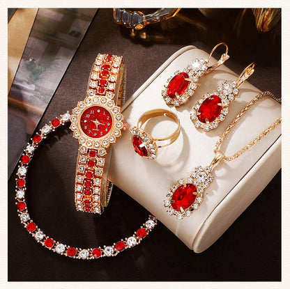 Scarlet Glam Collection: 6-Piece Red Crystal Jewelry & Watch Set