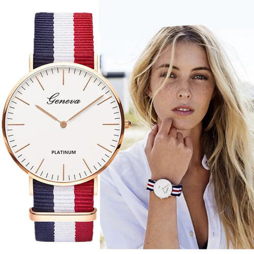 Parisian Stripe Collection: Unisex Quartz Watch with Red-White-Blue Nylon Band