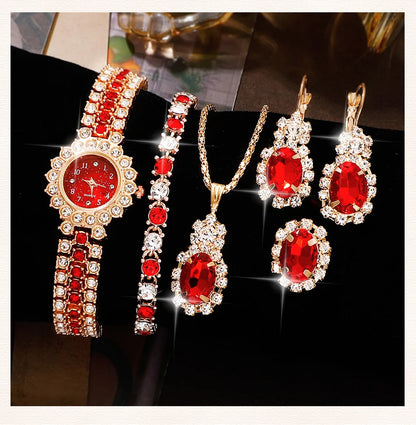 Scarlet Glam Collection: 6-Piece Red Crystal Jewelry & Watch Set