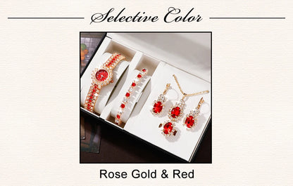 Scarlet Glam Collection: 6-Piece Red Crystal Jewelry & Watch Set