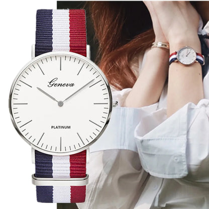 Parisian Stripe Collection: Unisex Quartz Watch with Red-White-Blue Nylon Band