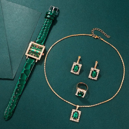 Emerald Luxe Collection: Fine Jewelry Set with Square-Cut Quartz Watch & Gemstone Accents