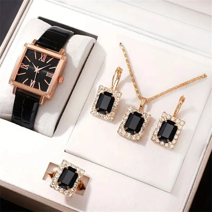 Emerald Luxe Collection: Fine Jewelry Set with Square-Cut Quartz Watch & Gemstone Accents