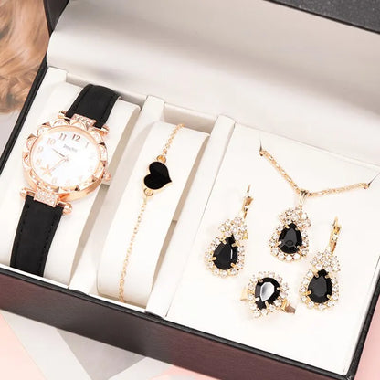 Black Elegance Collection: 6-Piece Jewelry & Watch Set in Gold & Onyx