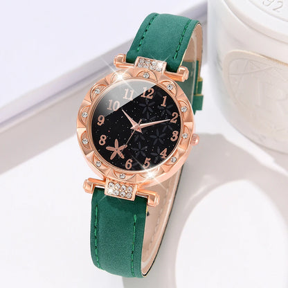 Ladies Green Watch 6PCS/Set Starfish Element Starry Sky Dial Quartz Wristwatch Frosted Strap Watch Jewelry Set Gift For Mom