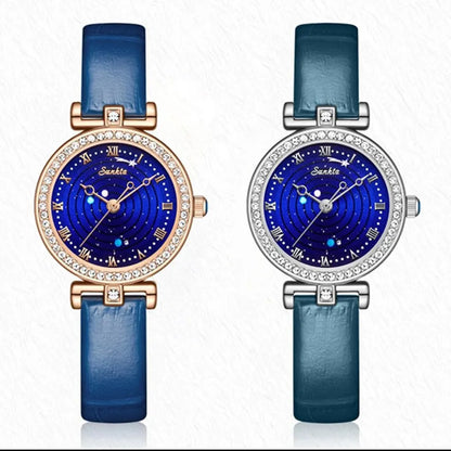 Sunkta Starry Sky Watch: Elegant Blue Crystal-Accented Women's Watch