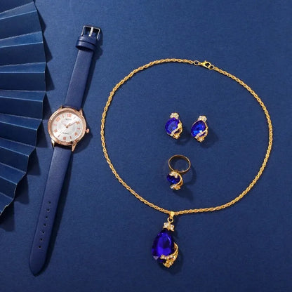 Midnight Sapphire Collection: Blue Leather Watch & Crystal Jewelry Set