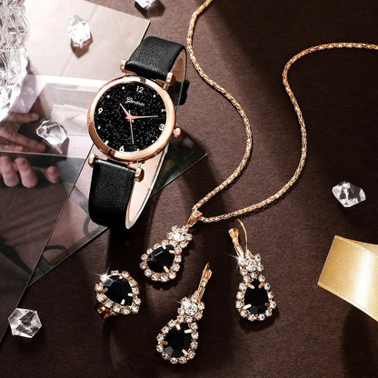 Black Gemstone Elegance: Luxury Watch & Jewelry Set