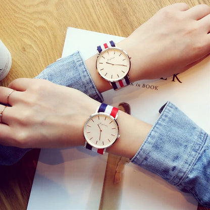 Parisian Stripe Collection: Unisex Quartz Watch with Red-White-Blue Nylon Band