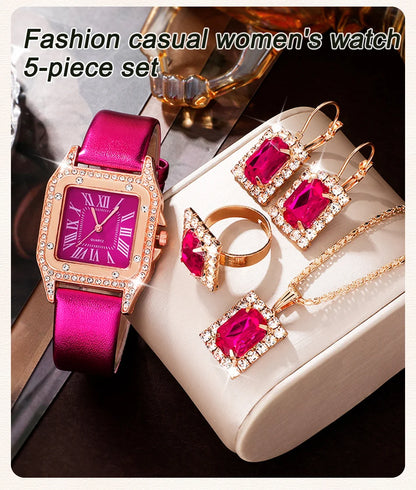 The Rose Red Luxe Collection: 6-Piece Gemstone Jewelry & Watch Set