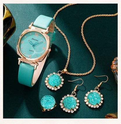 Turquoise Sparkle Collection: 5-Piece Jewelry & Watch Set with Crystal Accents