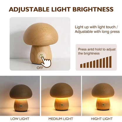 Wooden Mushroom Lamp: Dimmable Touch Light with Natural Elegance