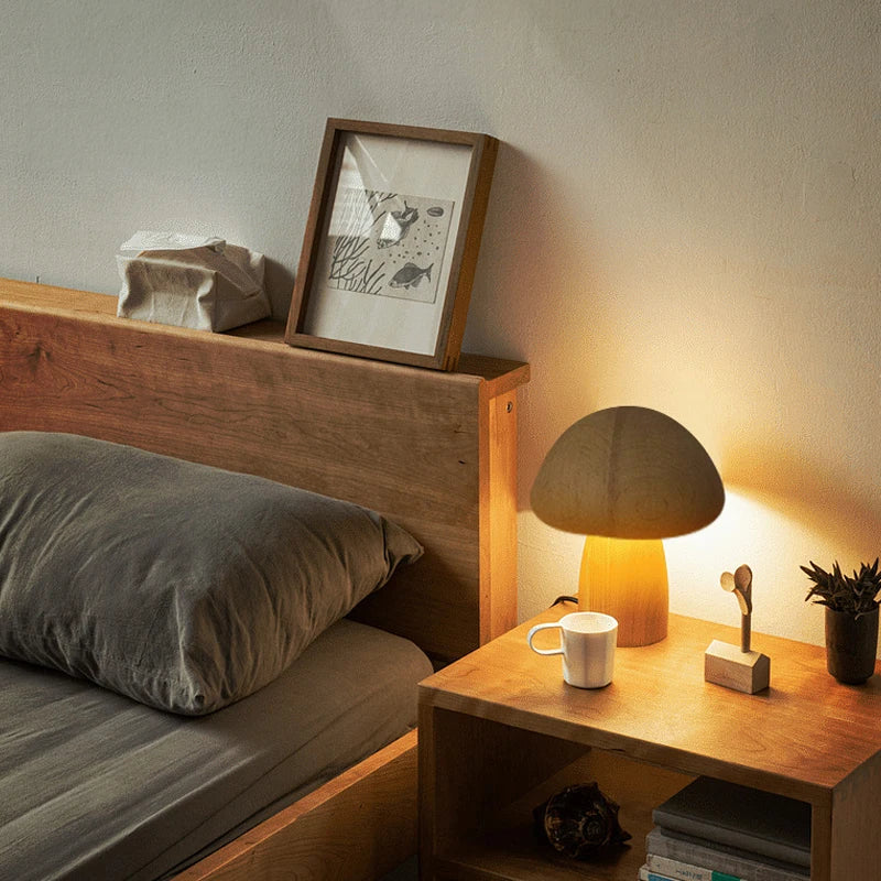 Wooden Mushroom Lamp: Dimmable Touch Light with Natural Elegance