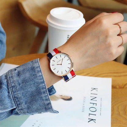 Parisian Stripe Collection: Unisex Quartz Watch with Red-White-Blue Nylon Band