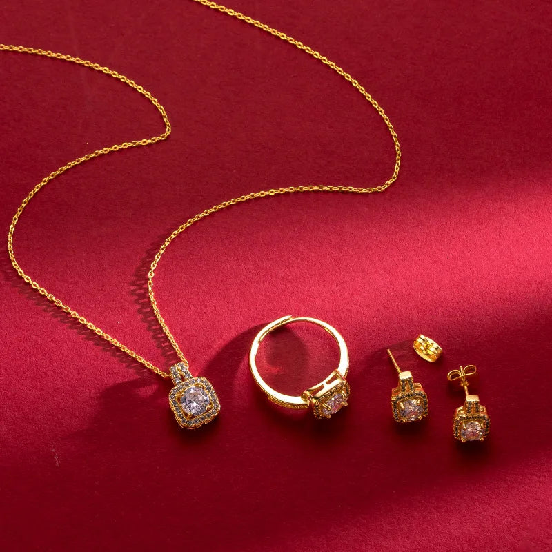 Luxury Zircon Jewelry Set with Gold Finish - Necklace, Earrings & Ring for Women