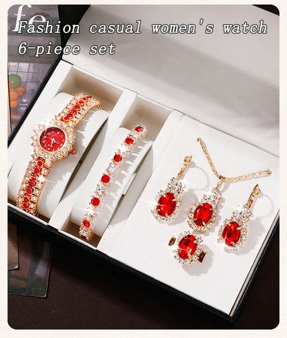 Scarlet Glam Collection: 6-Piece Red Crystal Jewelry & Watch Set