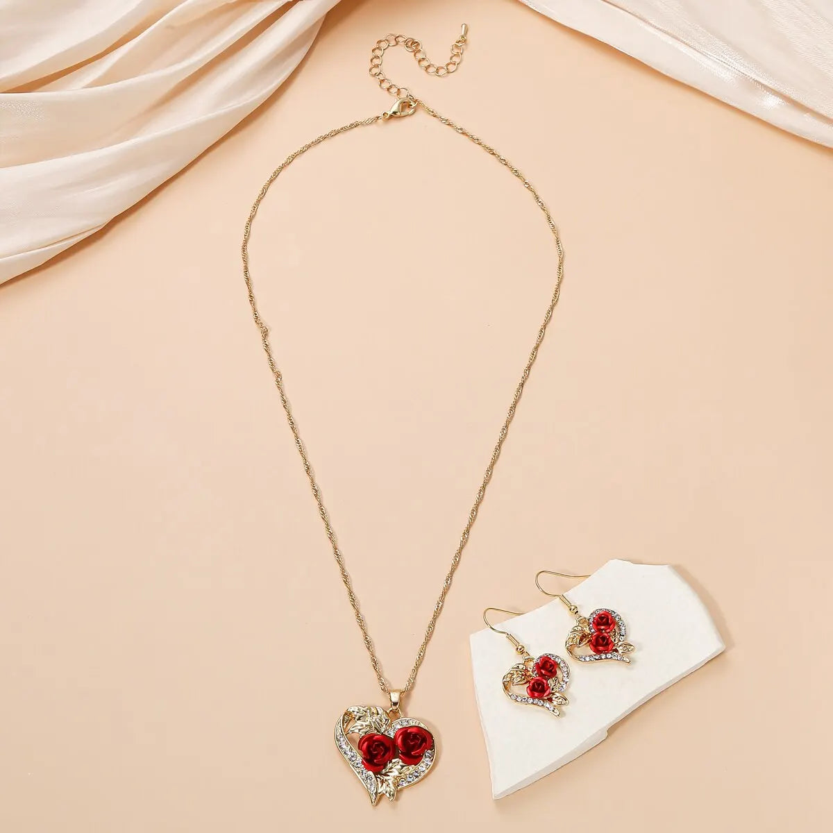 Rose Heart Jewelry Set: Necklace & Earrings with Red Roses and Crystals